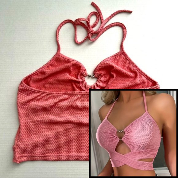 Pink halter crop top with silver heart embellishment NWT - Picture 1 of 7